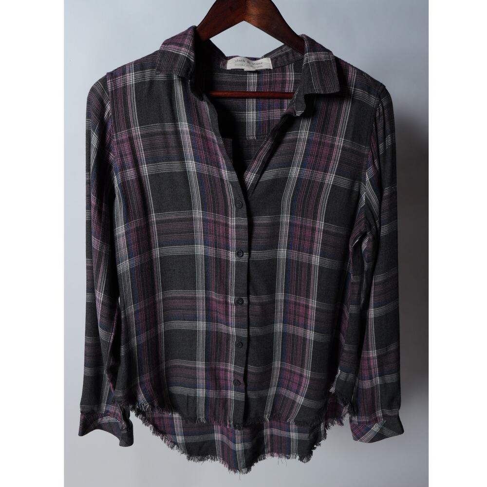 Cloth & Stone Brown Purple Plaid Top Frayed Hem Size S